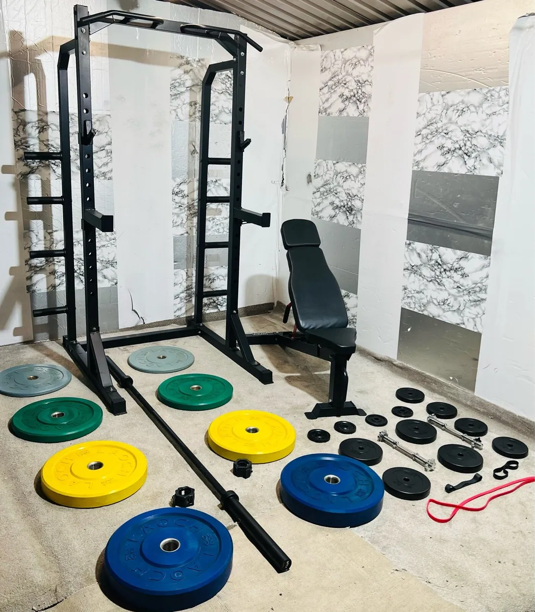 HALF RACk  COLOURED WEIGHTS BENCH BAR DUMBLS - Image 1