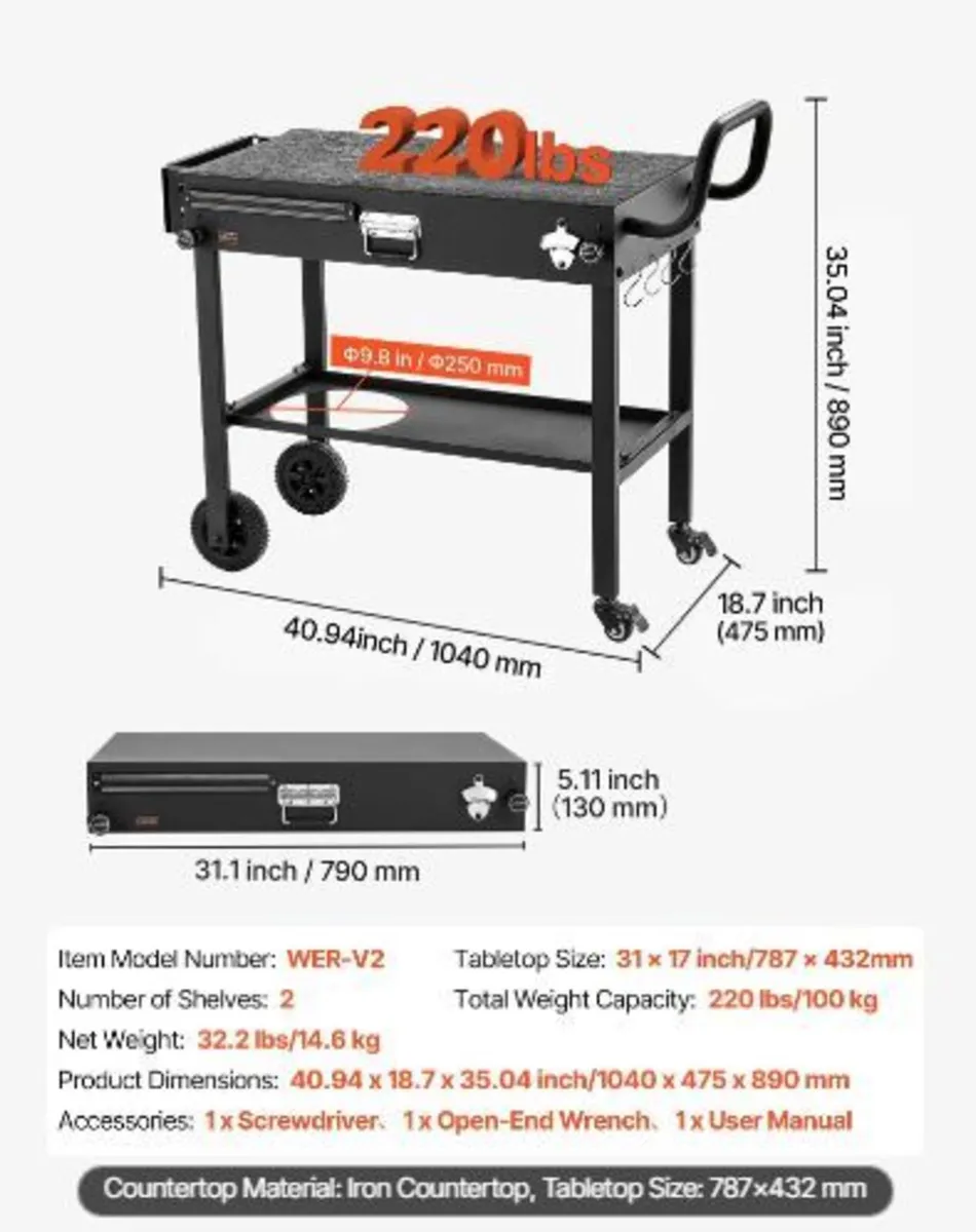 Outdoor Grill Cart, 787 x 432mm Tabletop - Image 2