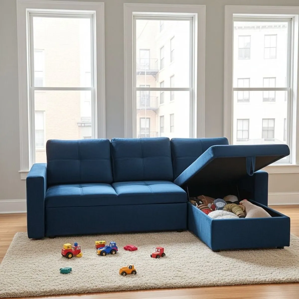 Amazing Blue Velvet corner sofa bed with storage - Image 4