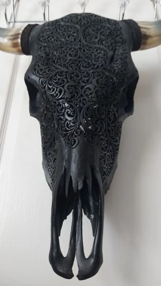Carved Black Bull Skull - Image 3
