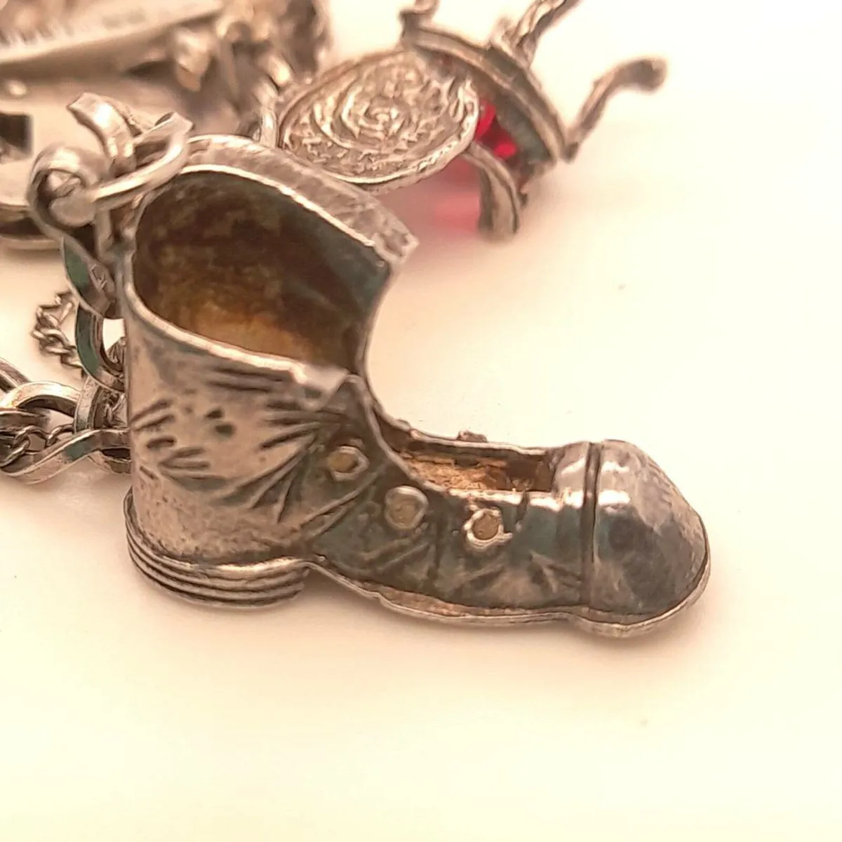 Vintage Silver and Pink Stone Charm Bracelet - Image 4