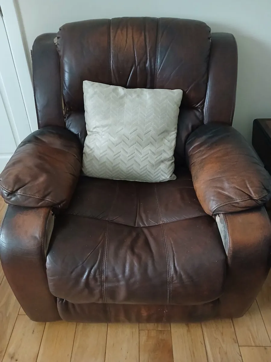 3 + 2 Brown Leather recliner couch and chairs - Image 2