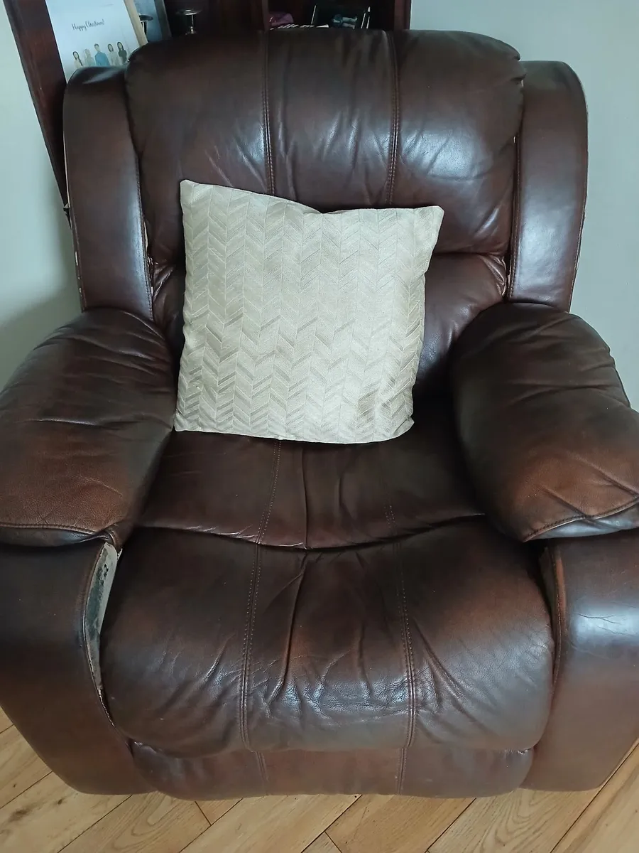 3 + 2 Brown Leather recliner couch and chairs - Image 3