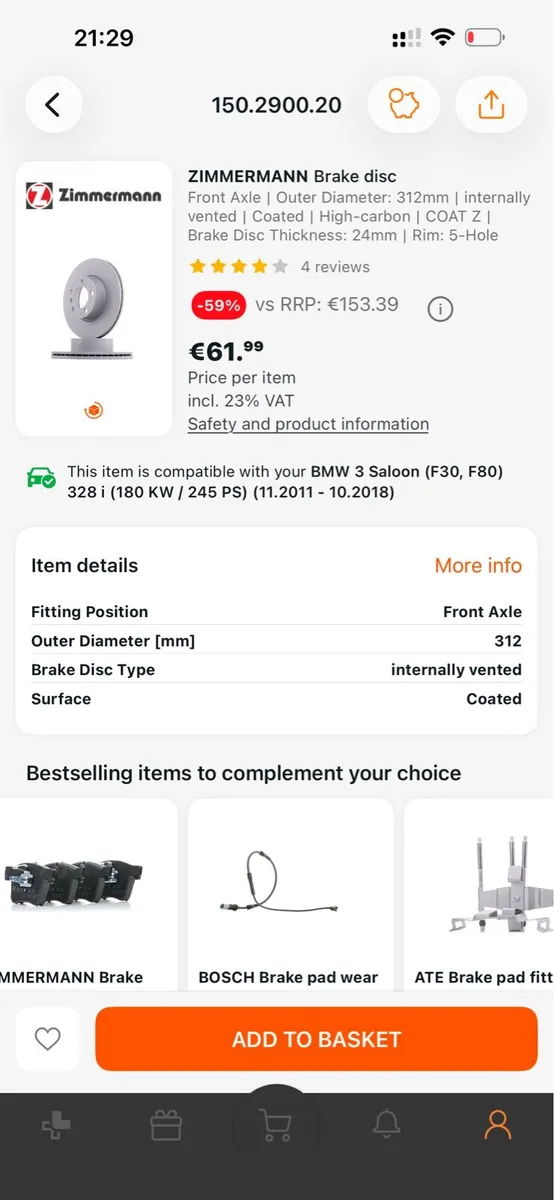2pcs Braking disks BMW 1,2,3,4 Zimmermann 150.2900 - Image 2