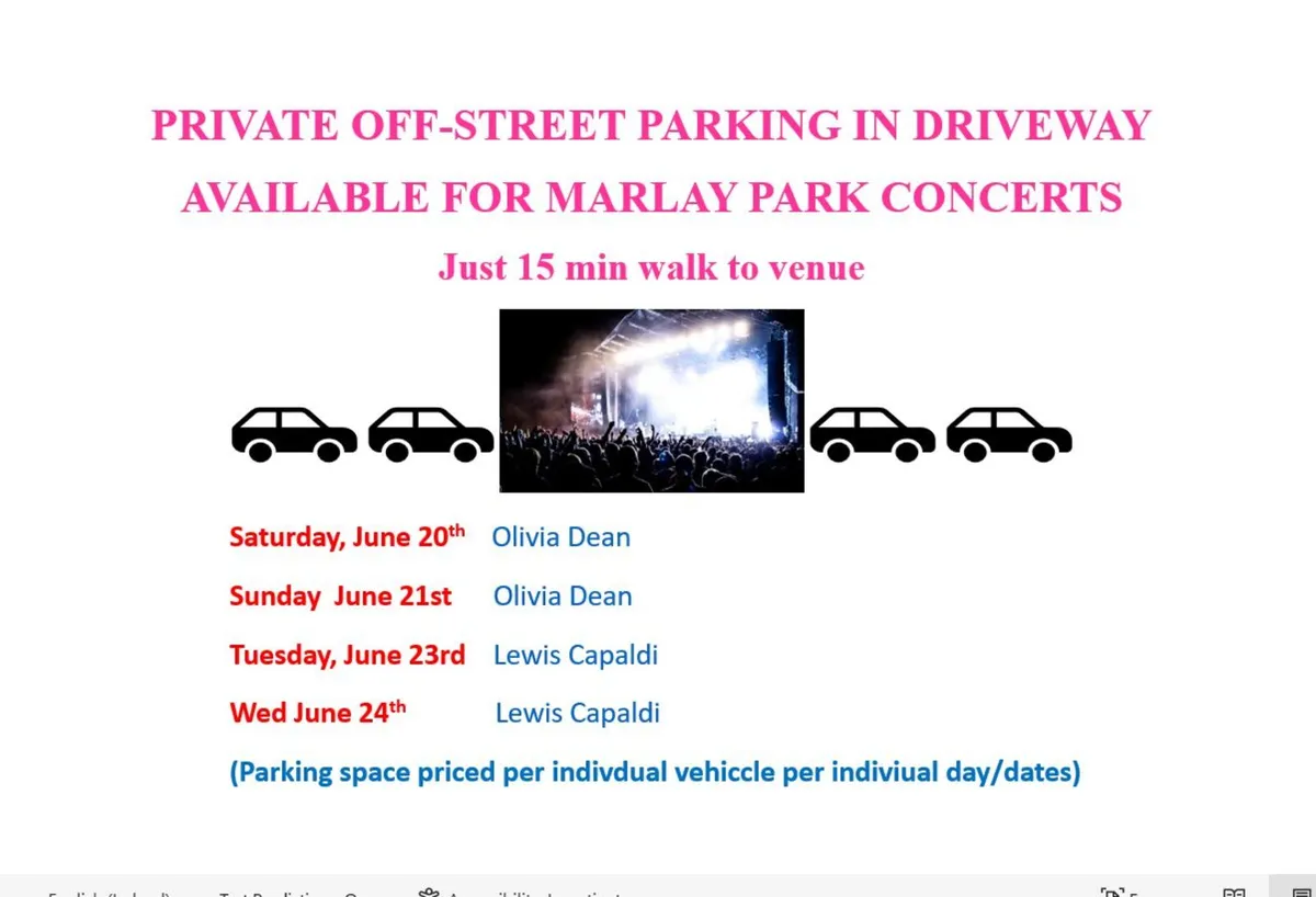 Private Parking spaces  for Marlay concert/s