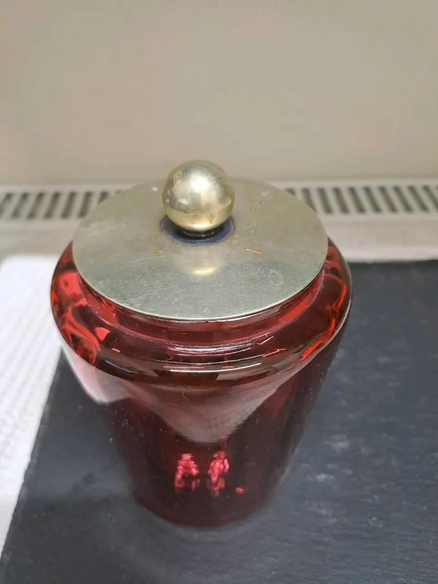 Vintage Ruby Red Glass Vanity Jar with Metal Lid - Image 2