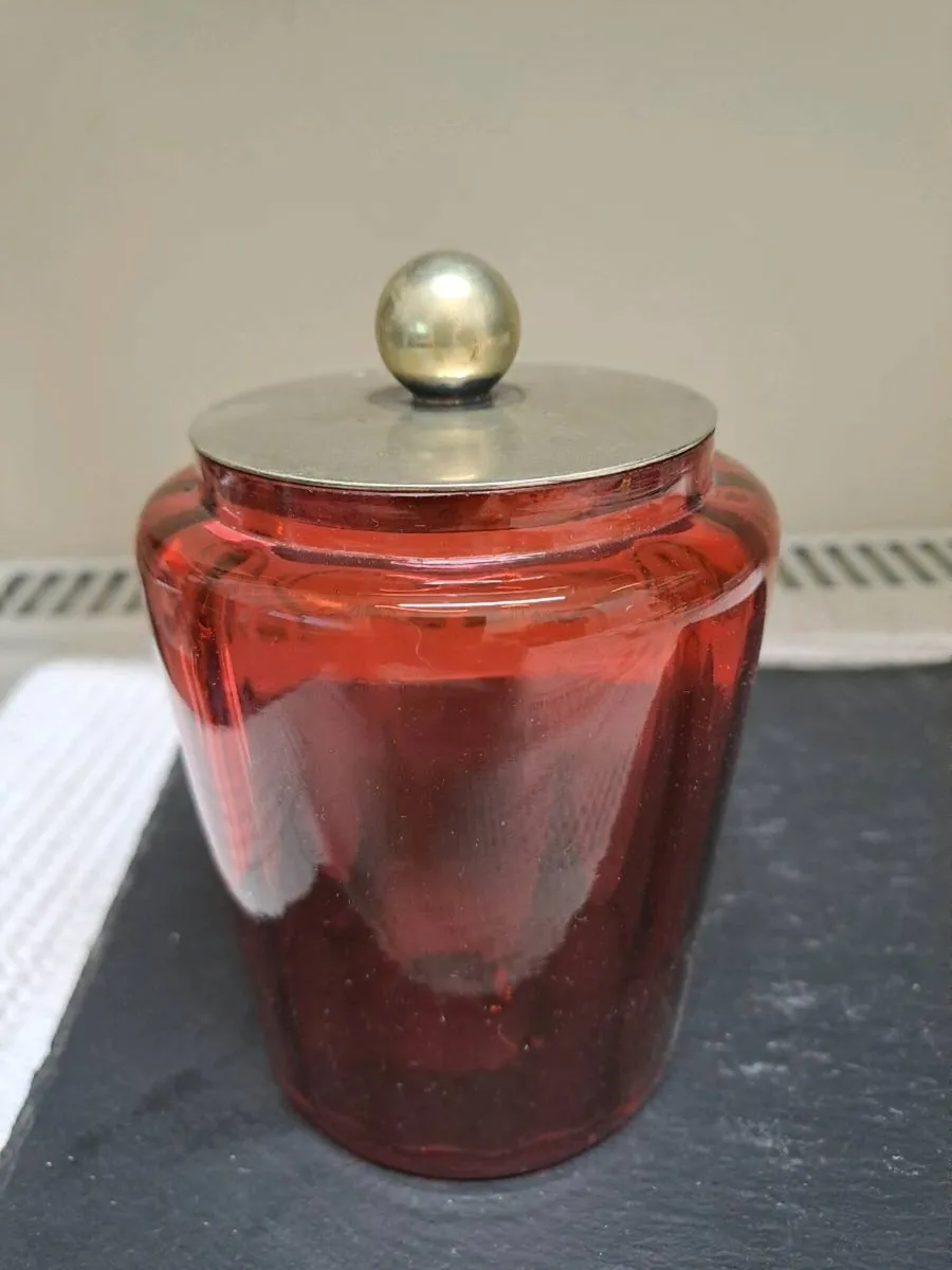 Vintage Ruby Red Glass Vanity Jar with Metal Lid - Image 1
