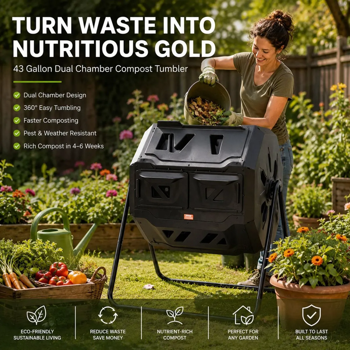 Dual Chamber Compost Tumbler 43 Gallon – Rotating - Image 1