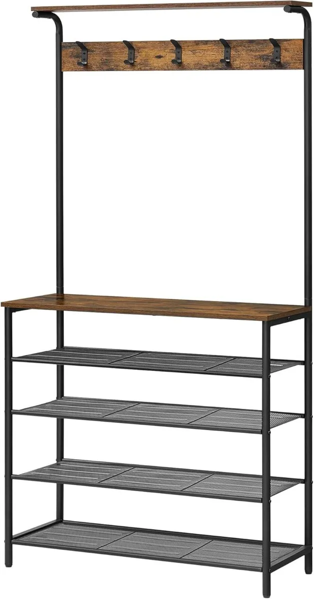 Industrial Coat Rack with Shoe Storage Bench - Image 3