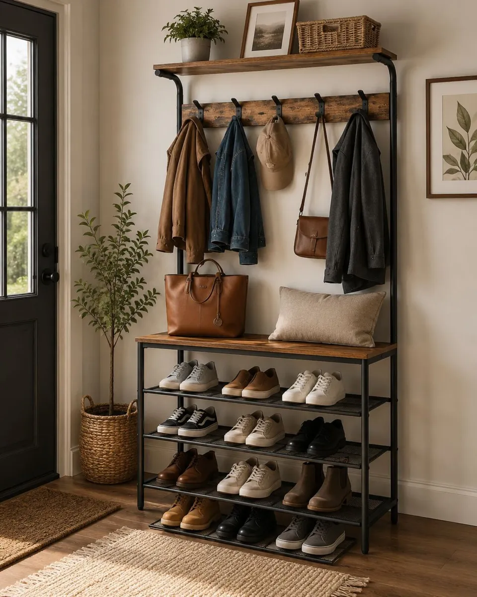 Industrial Coat Rack with Shoe Storage Bench - Image 1