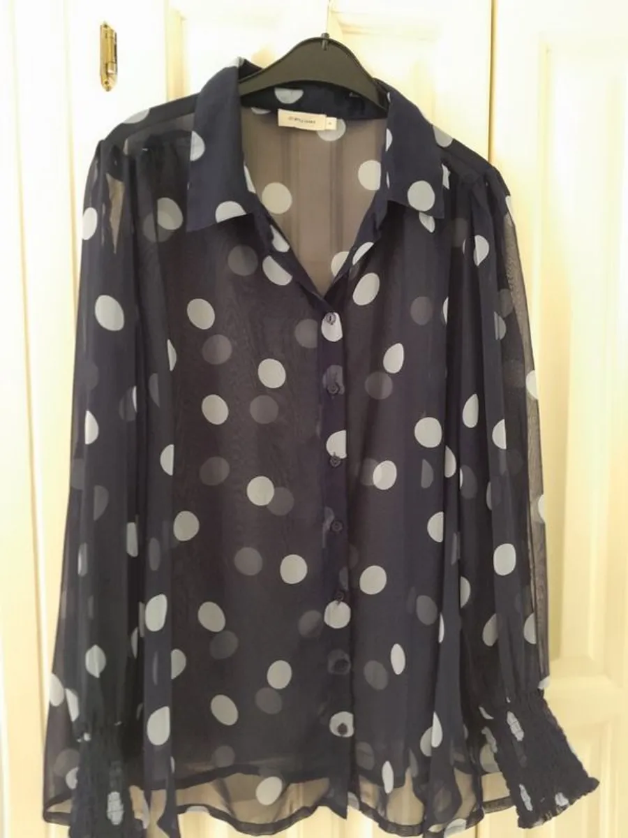 Reduction Sheer Navy Shirt With Blue Polka dots New - Image 1