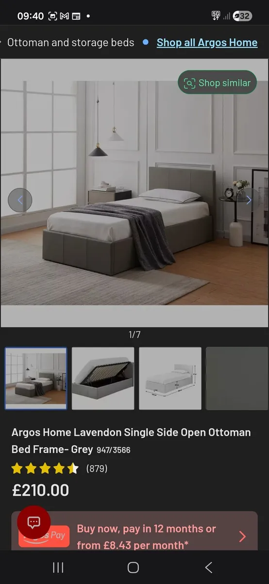 Single Grey Ottoman Bed with storage - Image 1