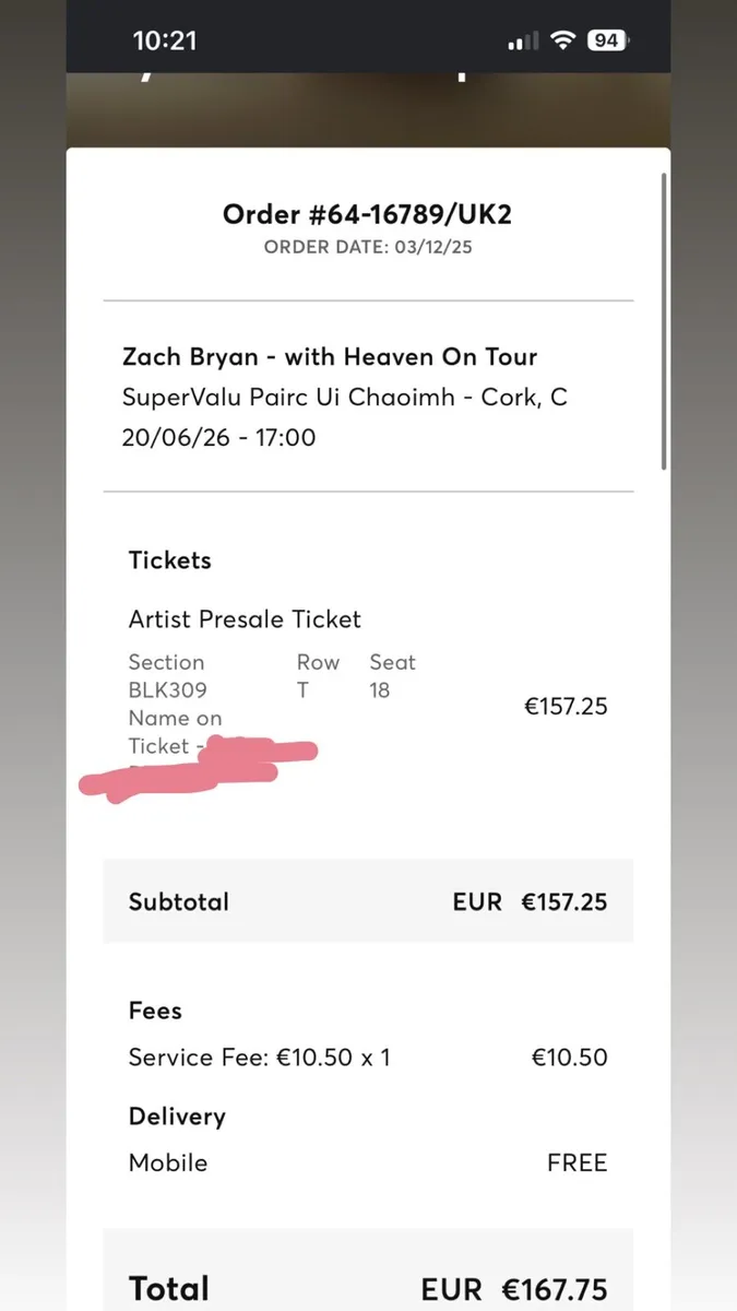 Zach Bryan ticket for Saturday seating