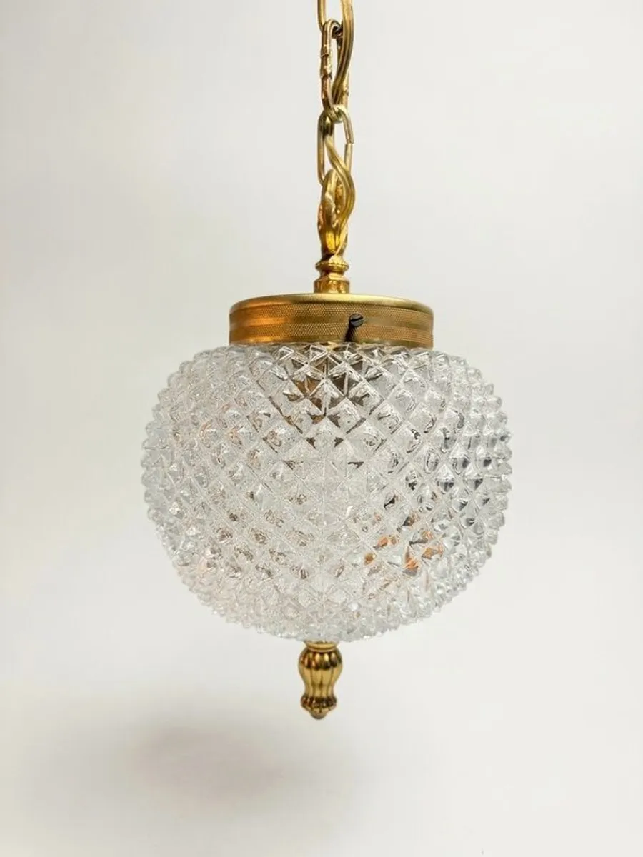 Vintage Textured Glass & Brass Pendant Light - Image 3
