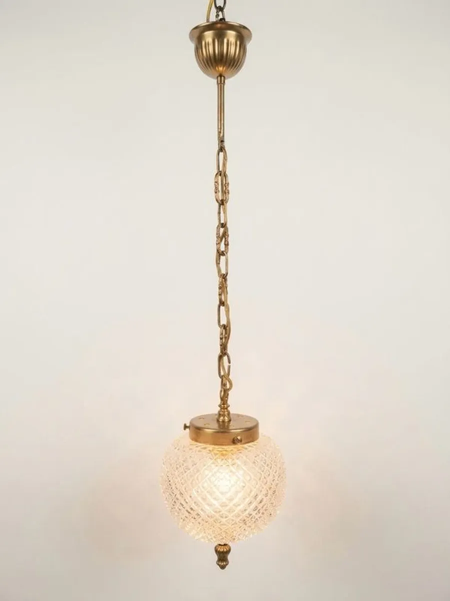 Vintage Textured Glass & Brass Pendant Light - Image 4