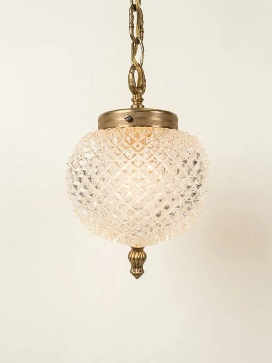 Vintage Textured Glass & Brass Pendant Light - Image 1