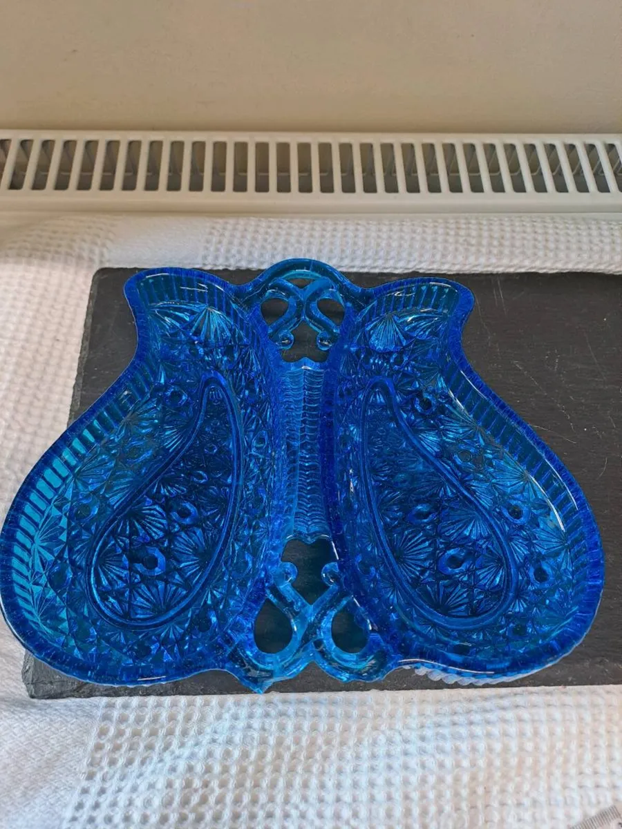 Vintage Cobalt Blue Pressed Glass Twin Serving - Image 1