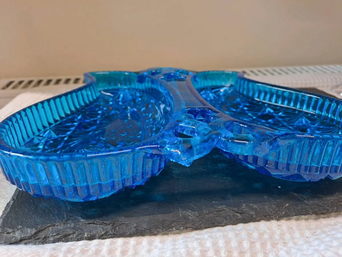 Vintage Cobalt Blue Pressed Glass Twin Serving - Image 2