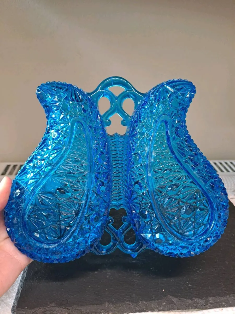 Vintage Cobalt Blue Pressed Glass Twin Serving - Image 4