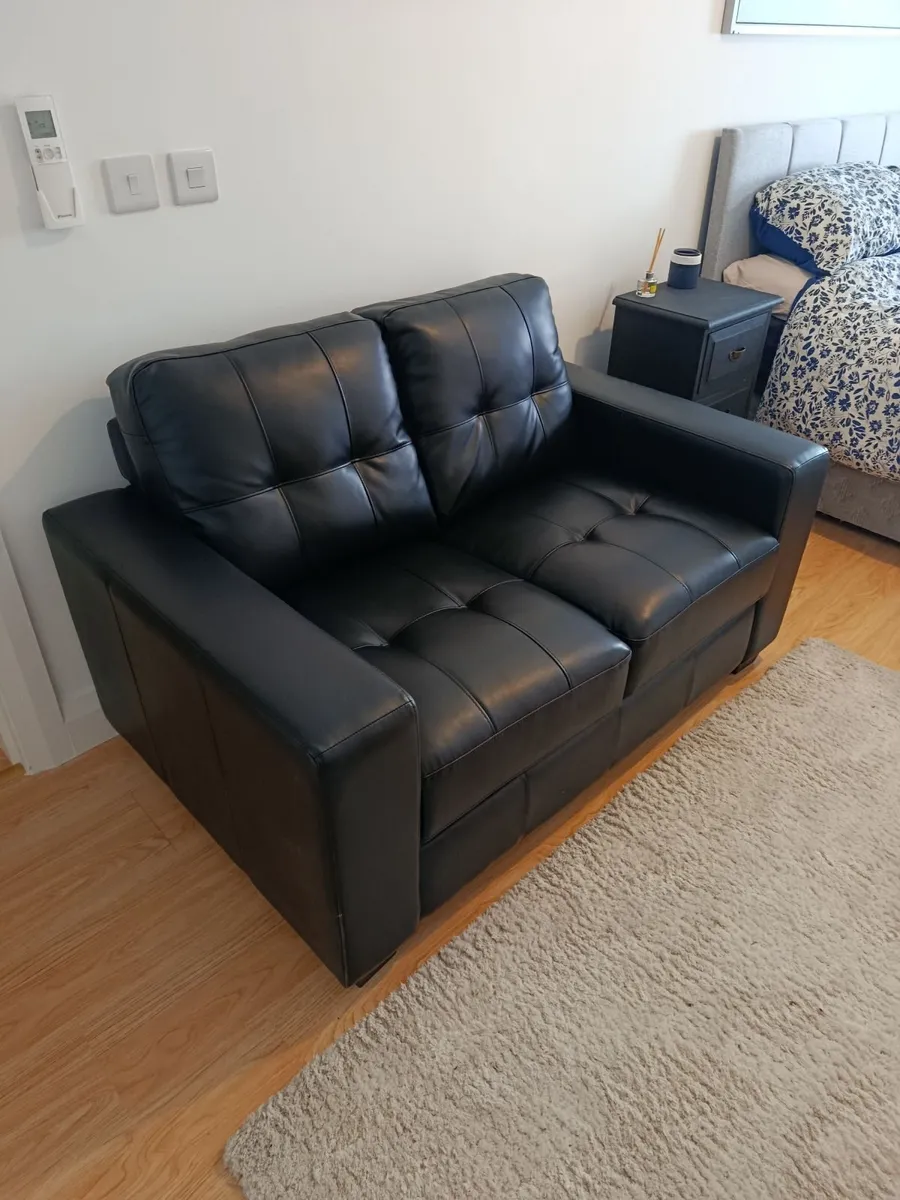 2 Seater Black Leather Sofa - Image 2