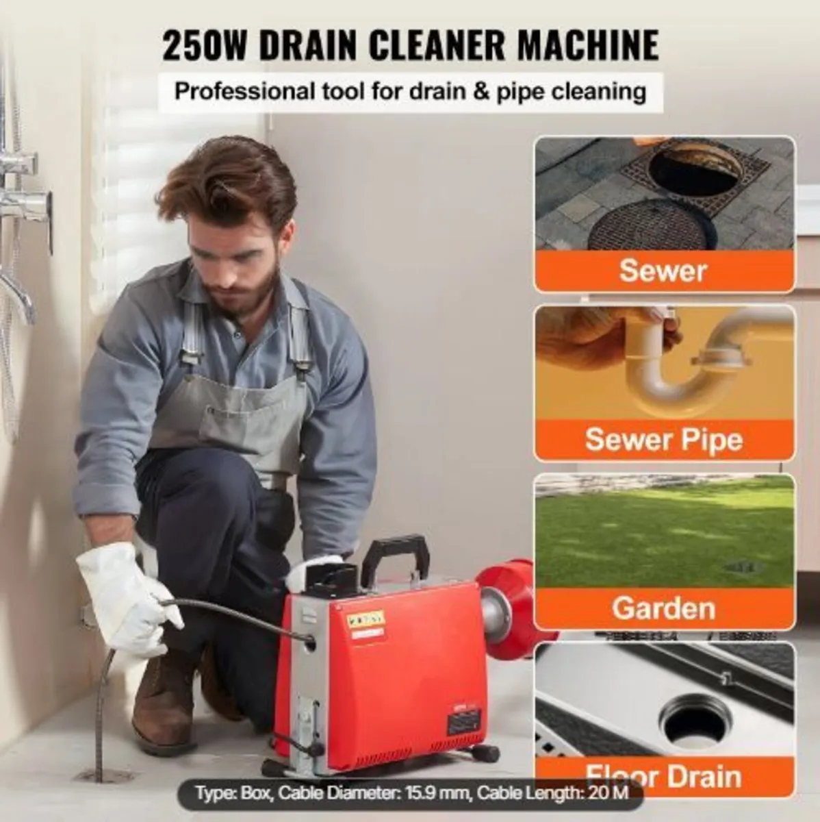 Drain Cleaner Machine 20m x 16mm 250W - Image 2