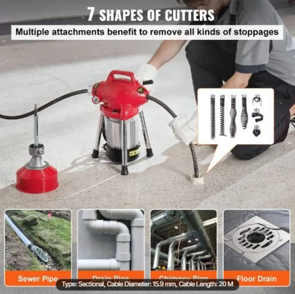 Drain Cleaner Machine 66FT x 5/8 Inch, 250W - Image 4