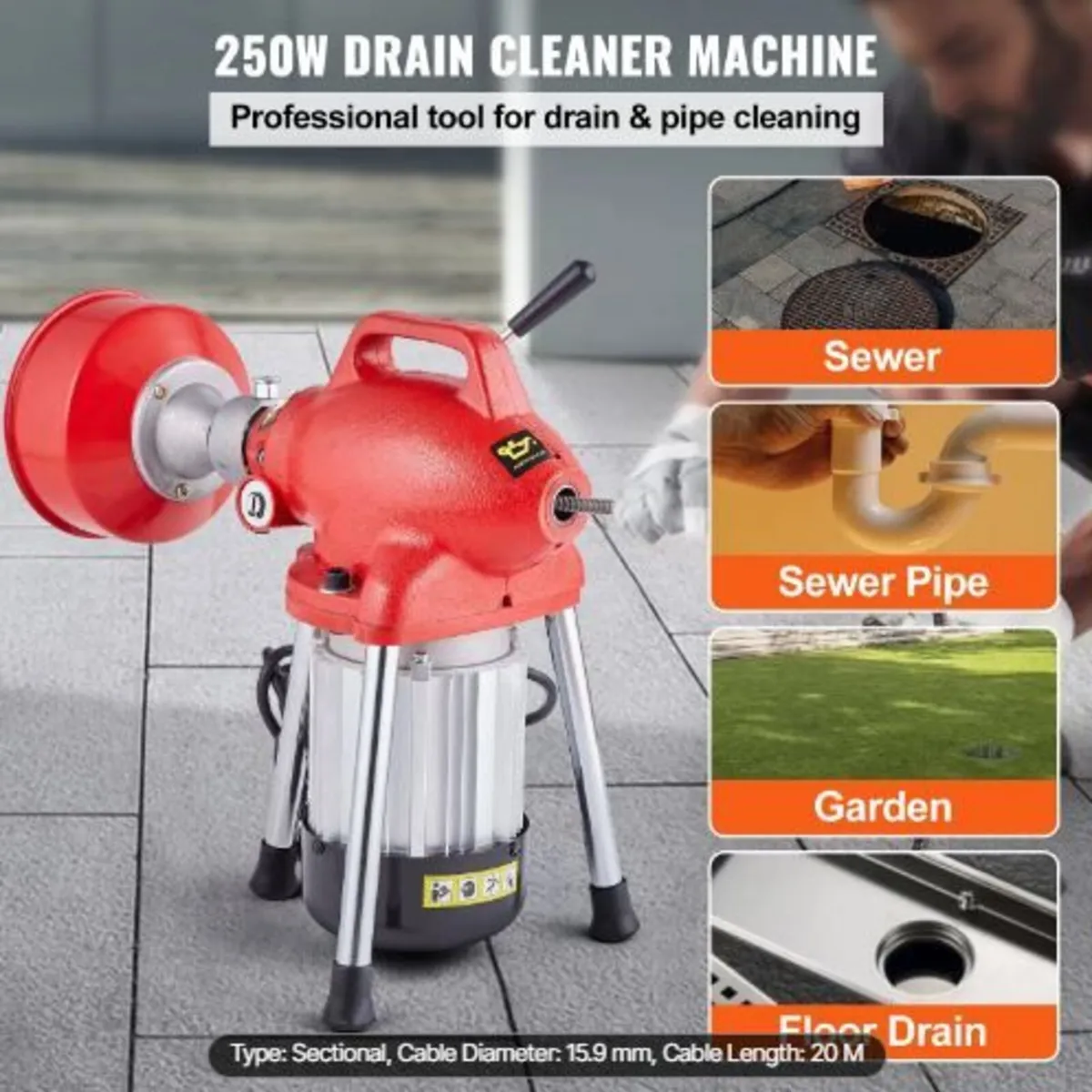 Drain Cleaner Machine 66FT x 5/8 Inch, 250W - Image 2