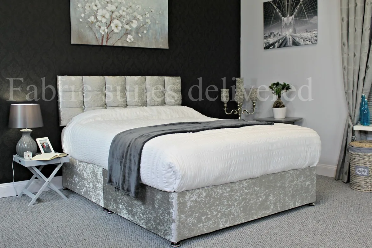 Clearance divan beds - King crushed velvet silver - Image 1