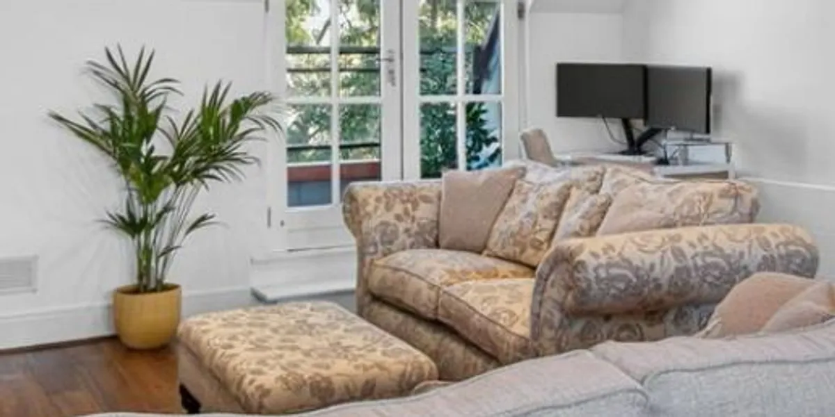 Stunning cream & grey 2 seater sofa & foot stool - Image 1