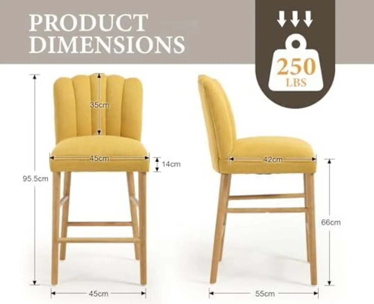 Set of 2 Wooden Bar Stools - Padded Linen Seat - B - Image 2