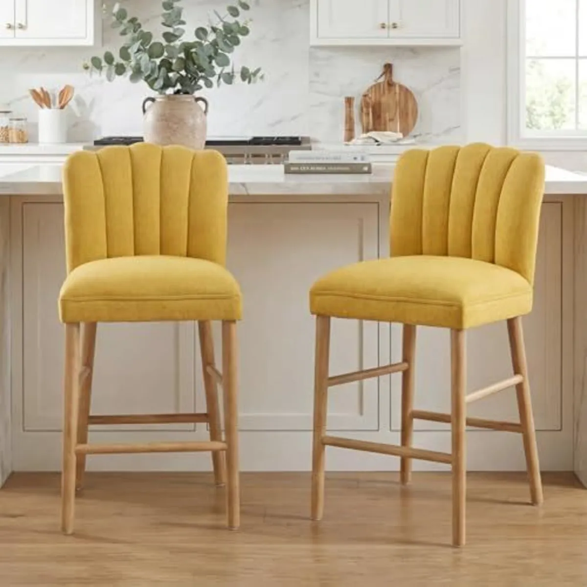 Set of 2 Wooden Bar Stools - Padded Linen Seat - B - Image 1