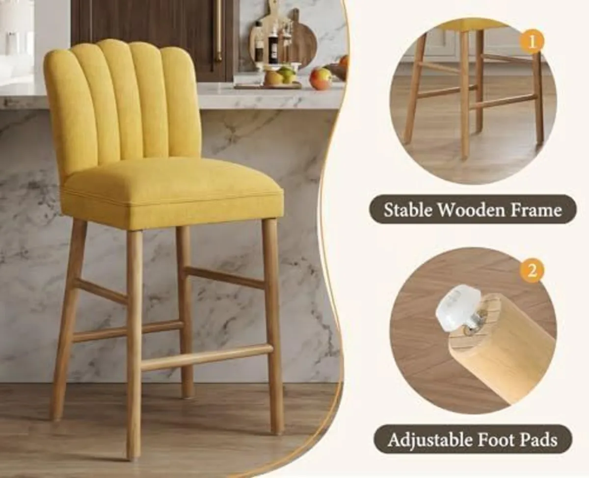 Set of 2 Wooden Bar Stools - Padded Linen Seat - B - Image 3