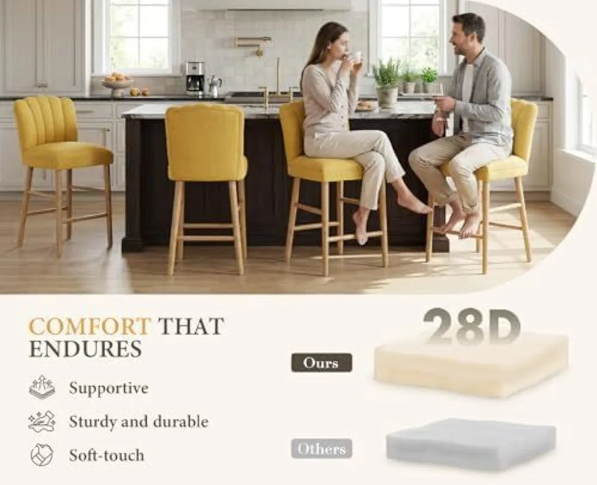 Set of 2 Wooden Bar Stools - Padded Linen Seat - B - Image 4