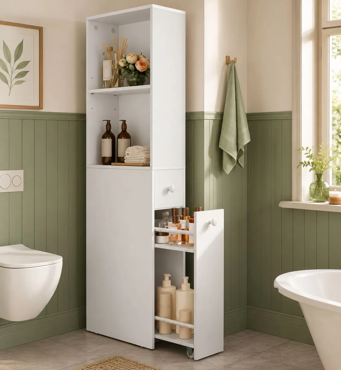 Narrow Bathroom storage cabinet with drawers class - Image 1