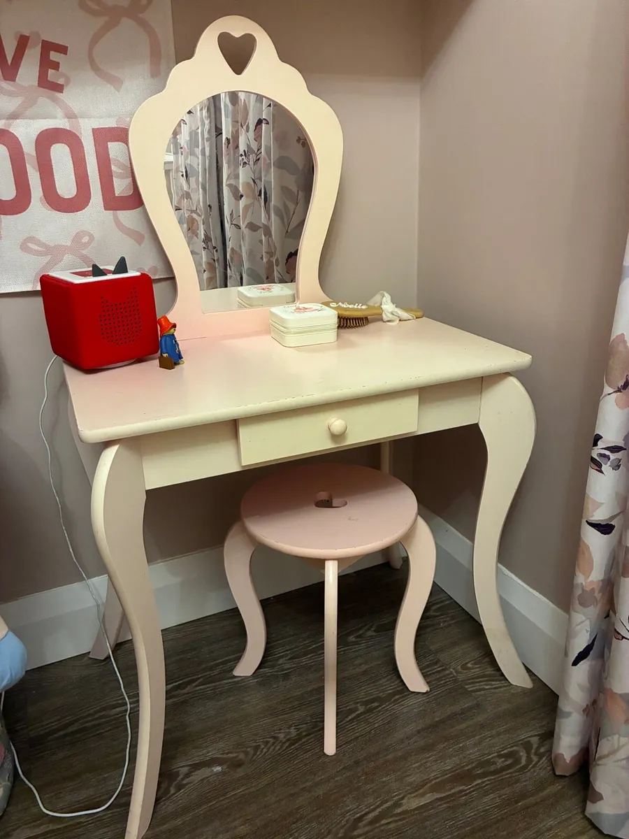Pink Kids' Vanity Table with Stool - Image 1