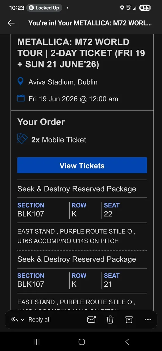 METALLICA SEEK AND DESTROY WORLD TOUR - TWO TICKET