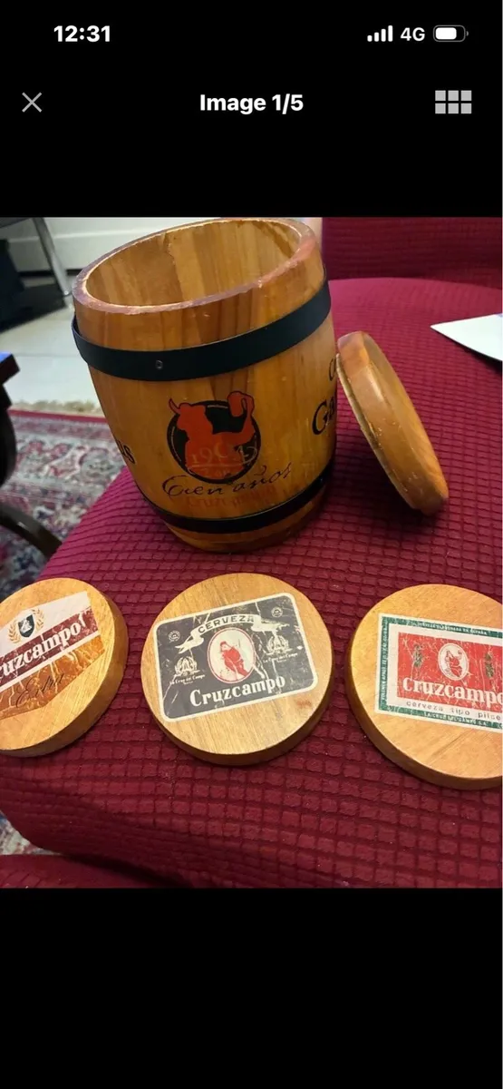 Vintage Cruzcampo Timber Coaster Barrell - Image 1