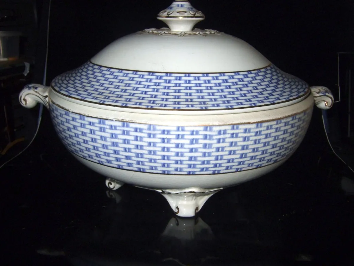 Antique Soho Pottery "Montauban" Blue Basket-Weave - Image 3