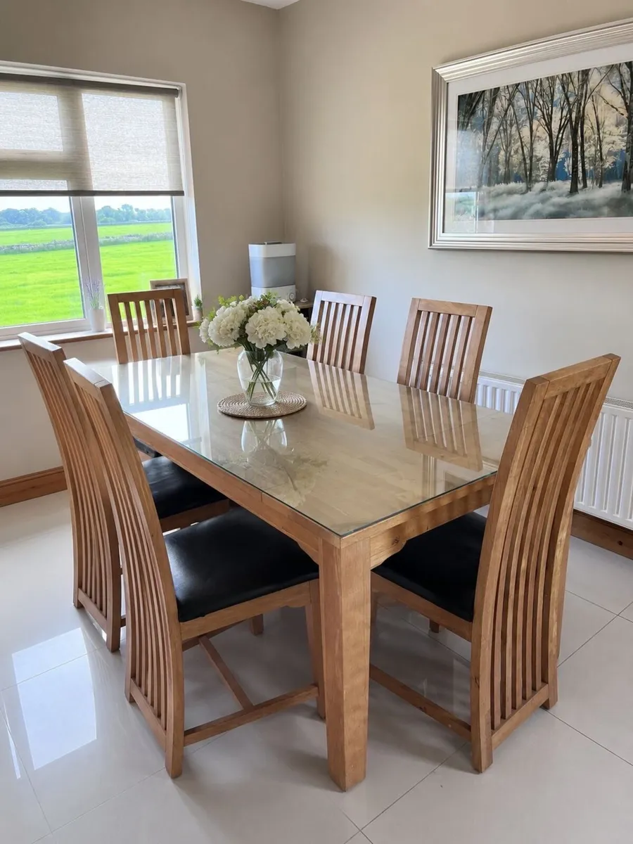 Oak kitchen table with tempered glass - Image 1