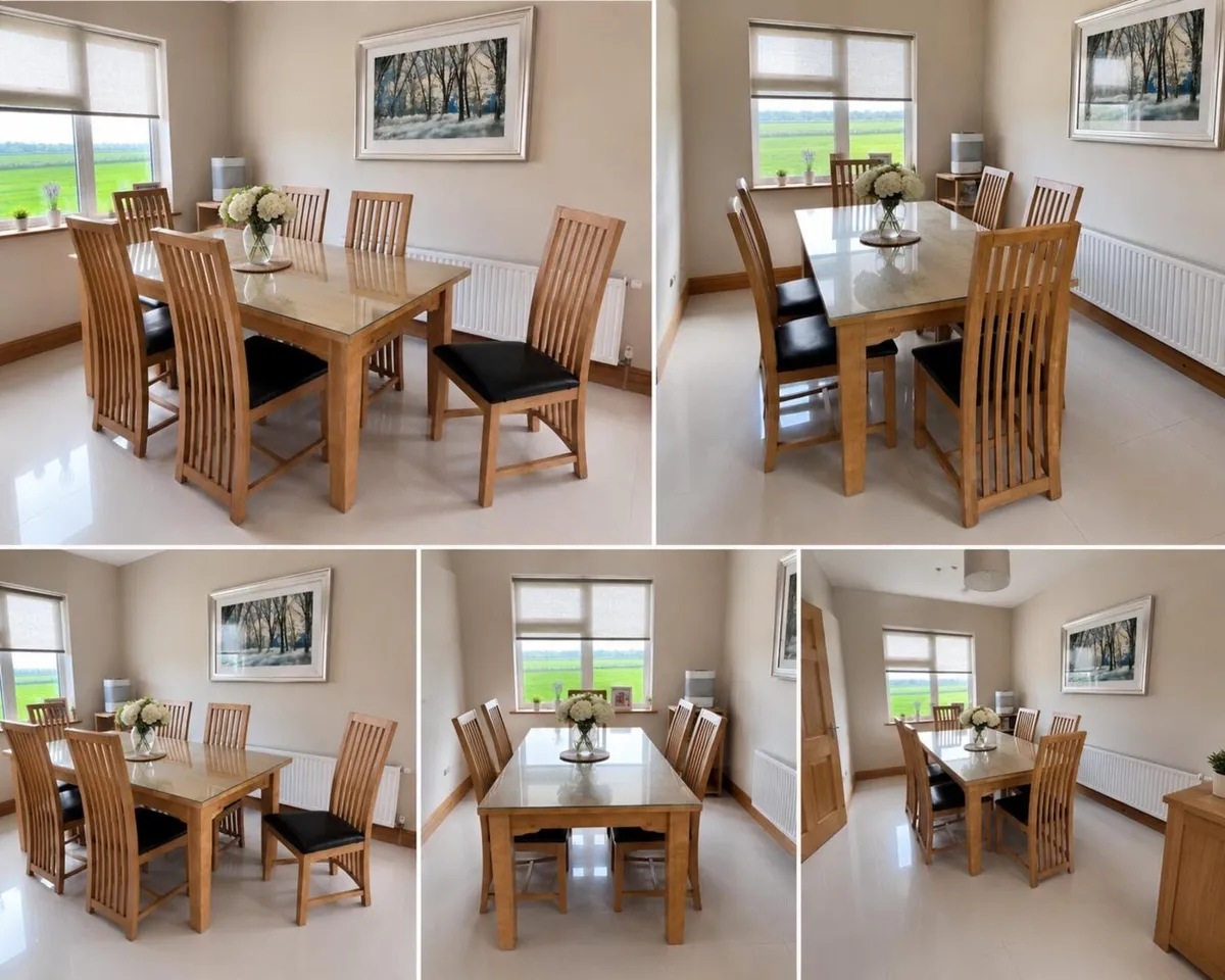 Oak kitchen table with tempered glass - Image 2