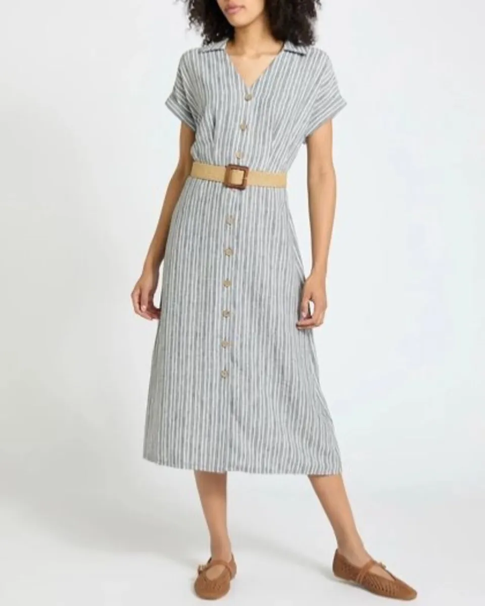 NEW Ladies Gray stripe midi dress features a butto - Image 1