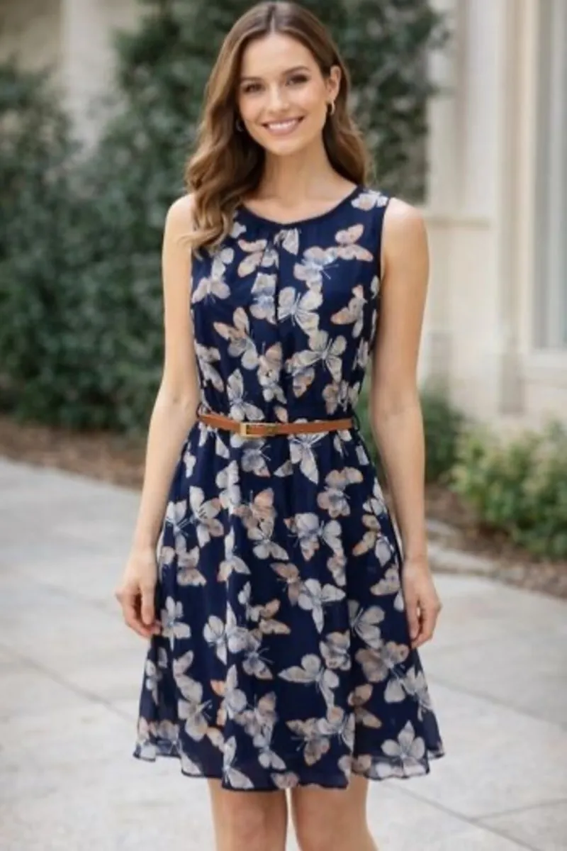 Butterfly Belted Tea Dress features a navy blue ba - Image 1