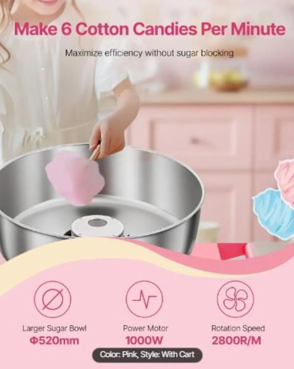 Electric Cotton Candy Machine with Cart, 1000W - Image 2