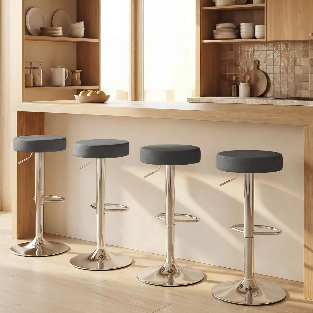 Set of 2 Swivel Bar Stools PU Leather Height Adjus - Image 3