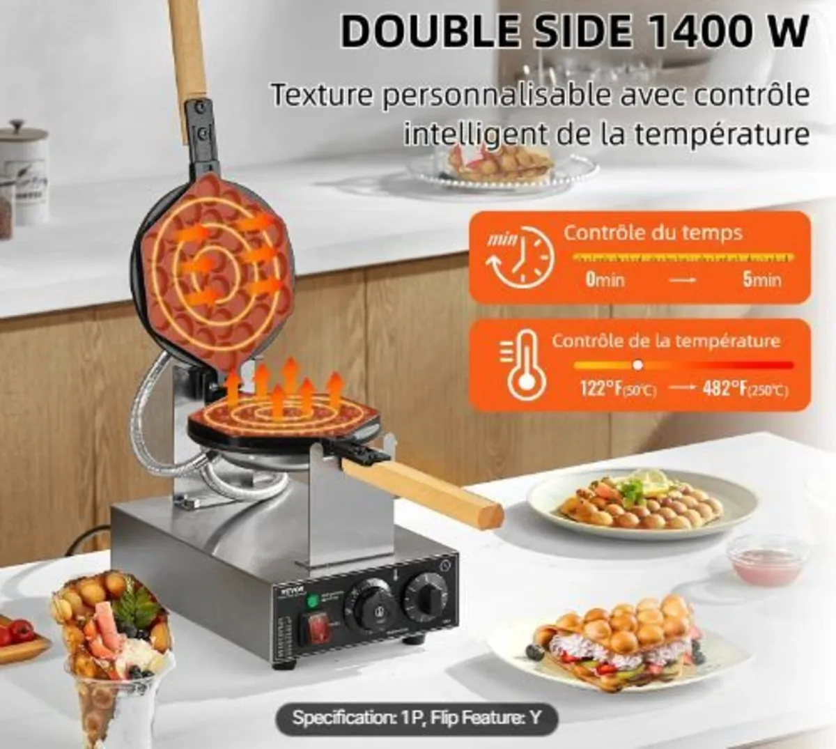 Commercial Bubble Waffle Maker, 1400W Egg - Image 1