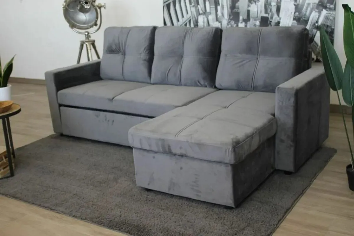 Grey velvet Corner Sofa Bed with Storage 215cm - Image 1