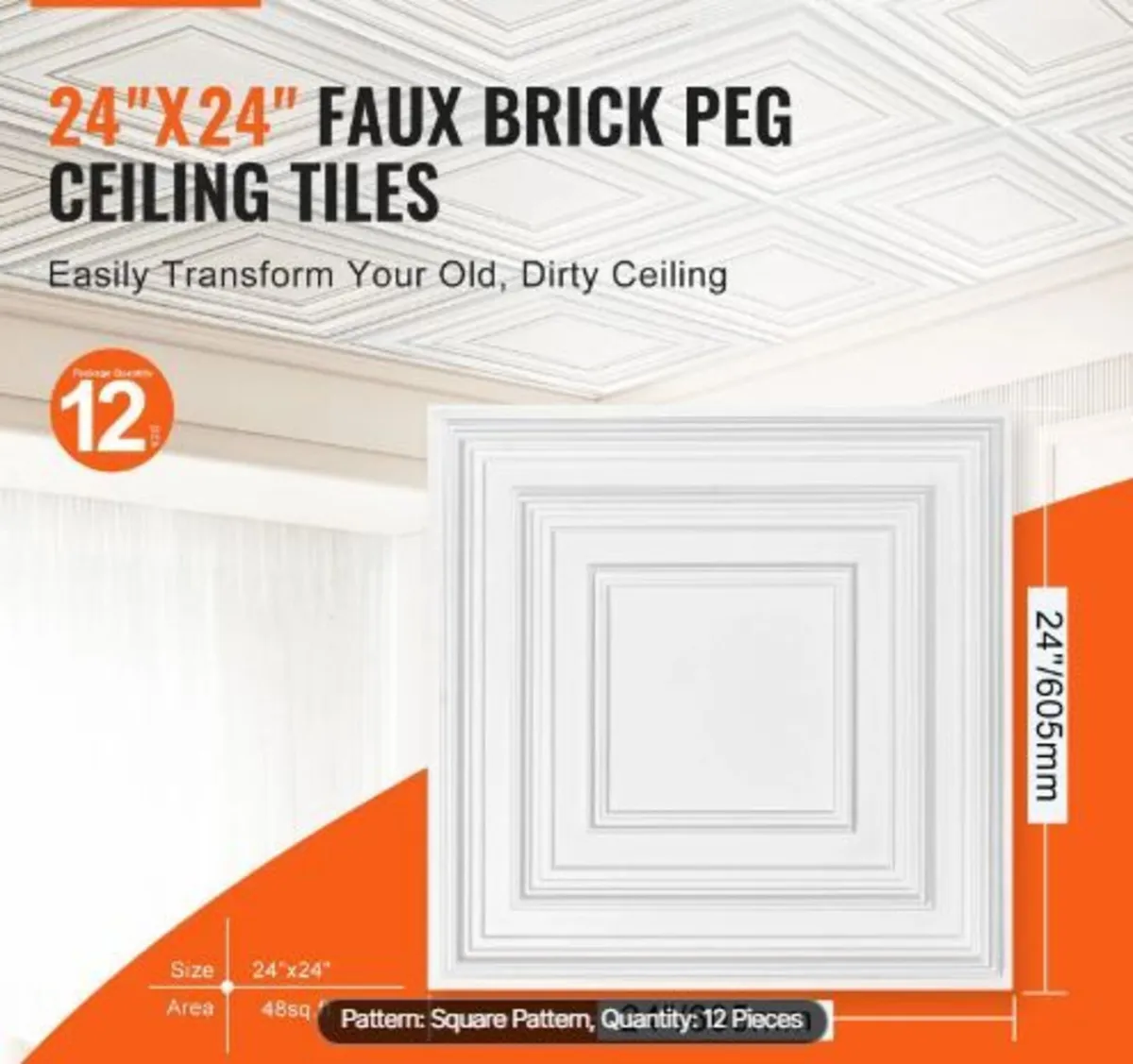 Ceiling Tiles 12-Pack 61 cm x 61 cm PVC - Image 1
