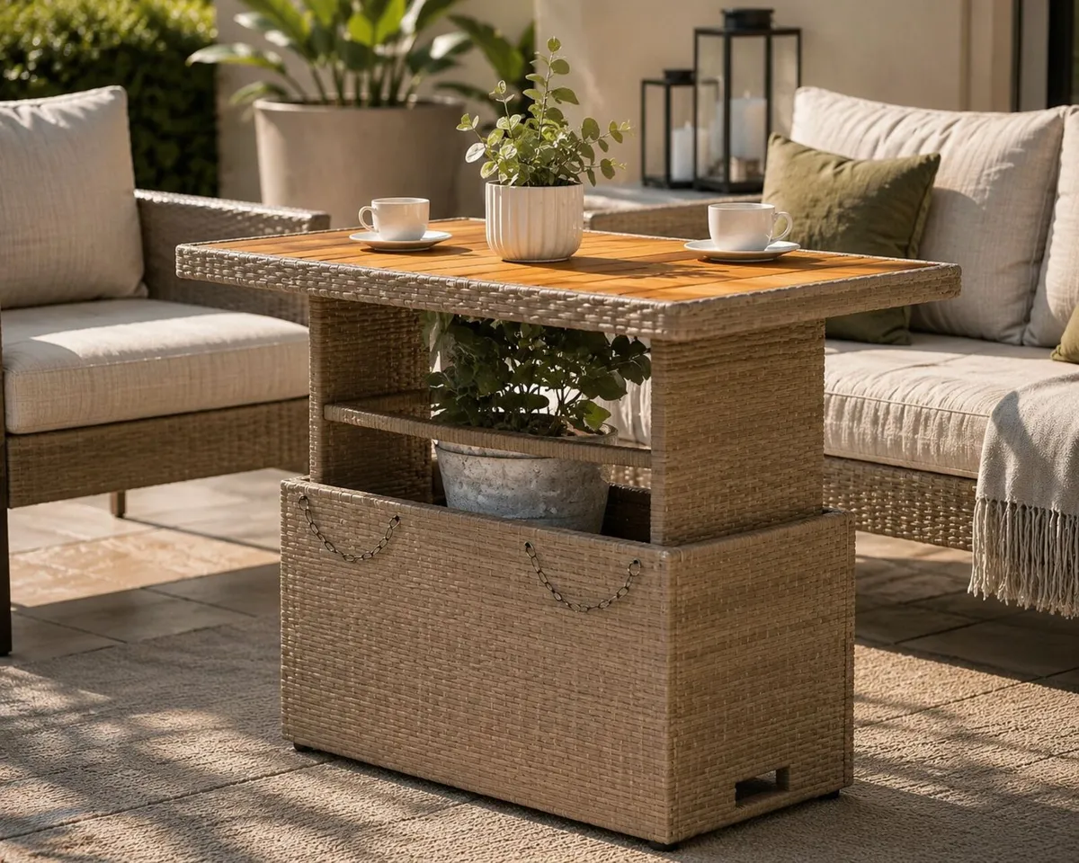 Poly Rattan Garden Table with Adjustable Acacia W - Image 1