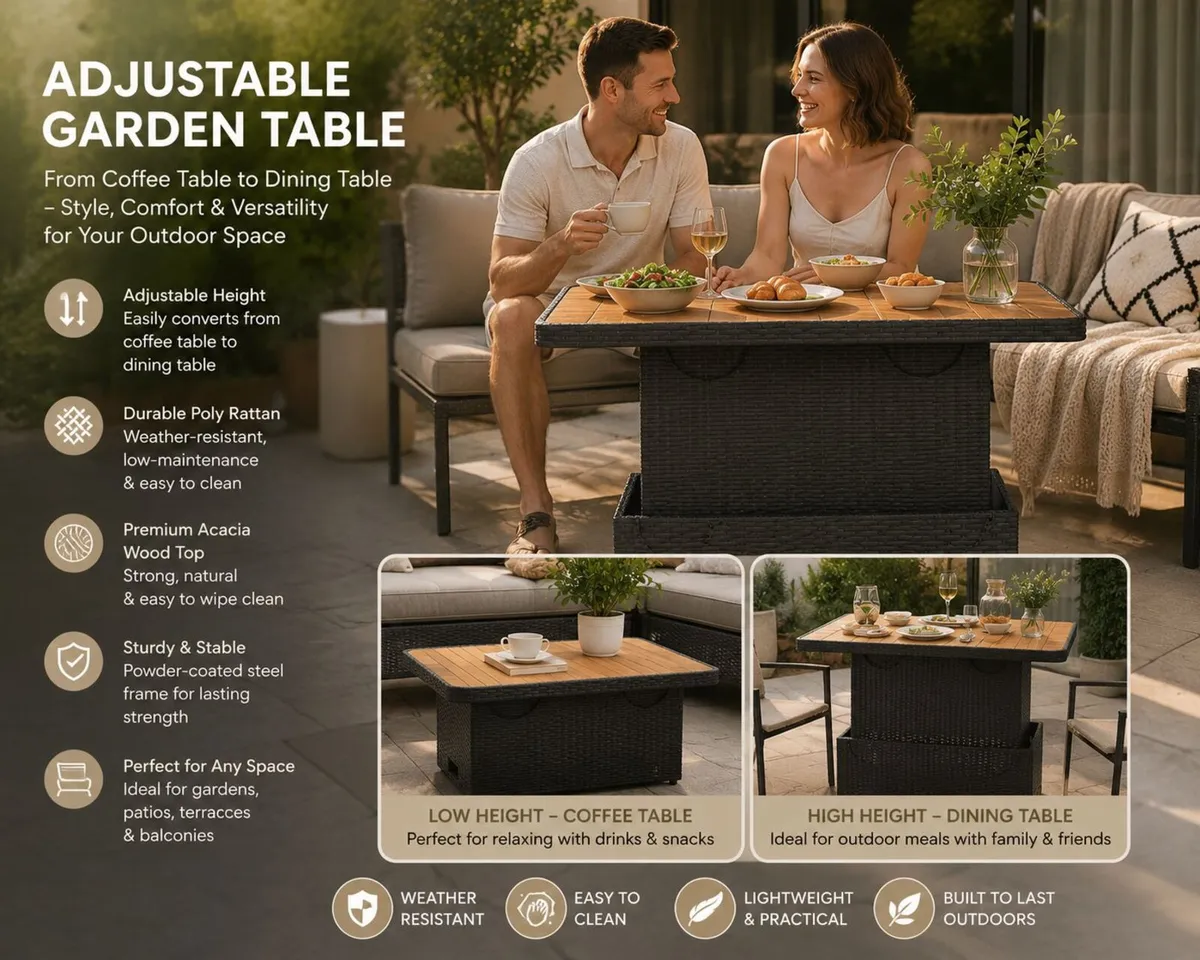Poly Rattan Garden Table with Adjustable Acacia W - Image 2