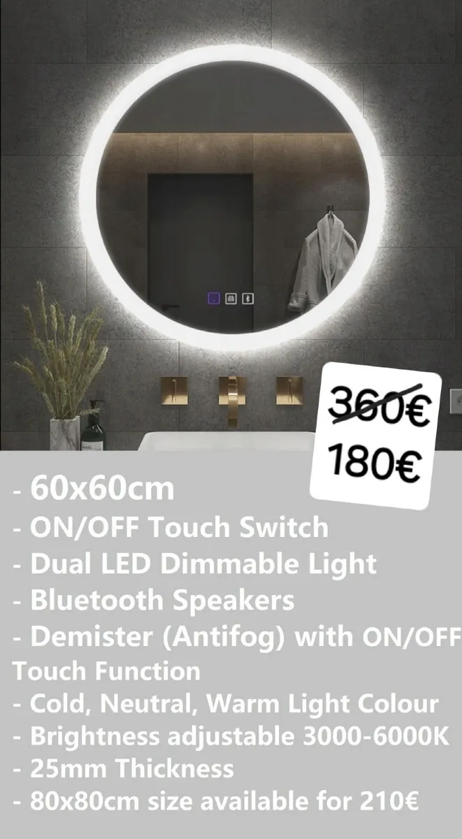 LED Bathroom Mirror 60cm Bluetooth Speakers - Image 1